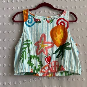 Calypso St Barth Hand Painted Striped Fruit Print Linen Blend Cropped Tank Sz‎ M